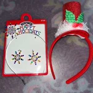 Holiday Time Christmas “Happy Holidays” snowflake and snowman headband earrings
